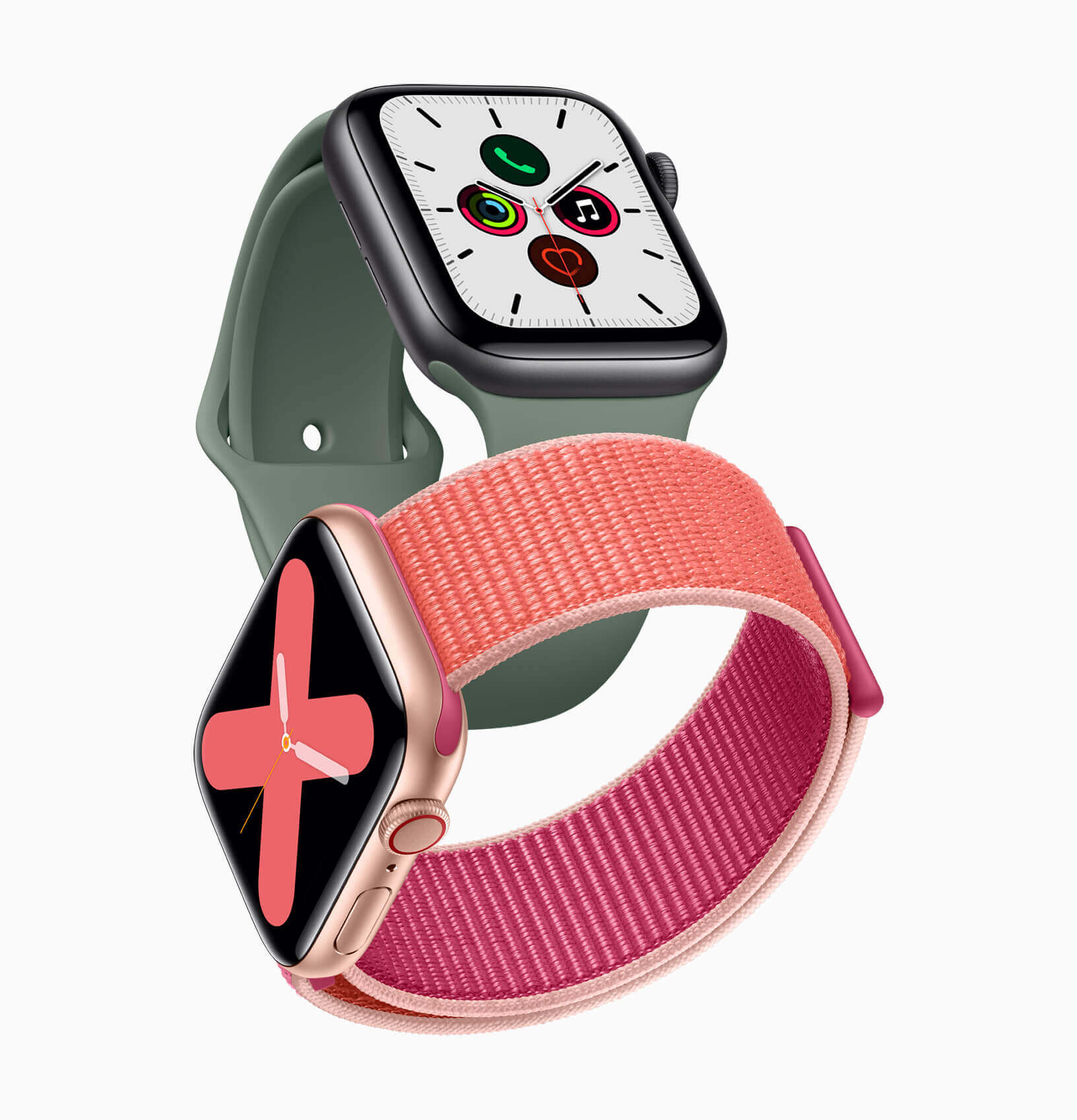 Apple_watch_series_5-gold-aluminum-case-pomegranate-band-and-space-gray-aluminum-case-pine-green-band-091019_1